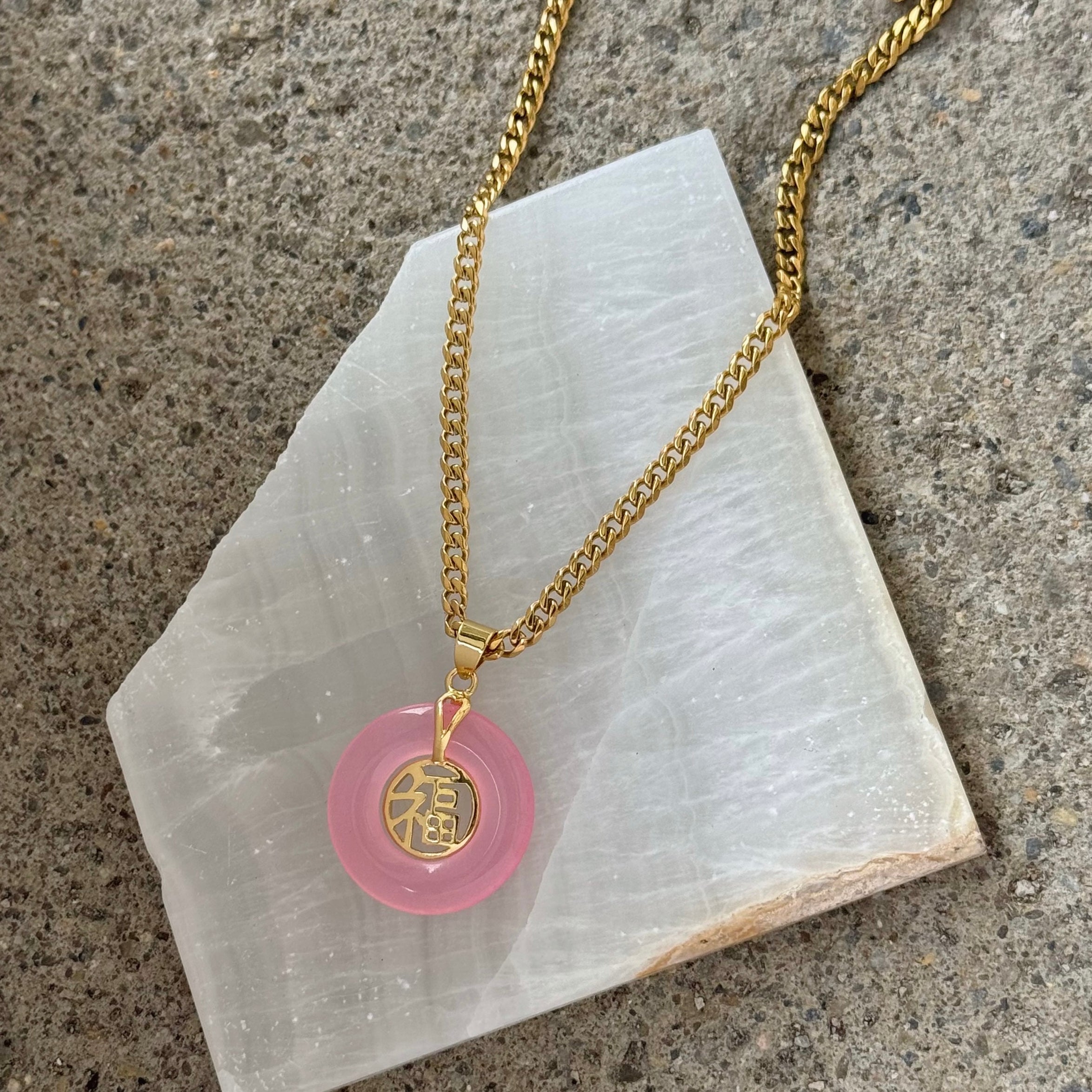 GOOD FORTUNE 25MM PINK JADE necklace