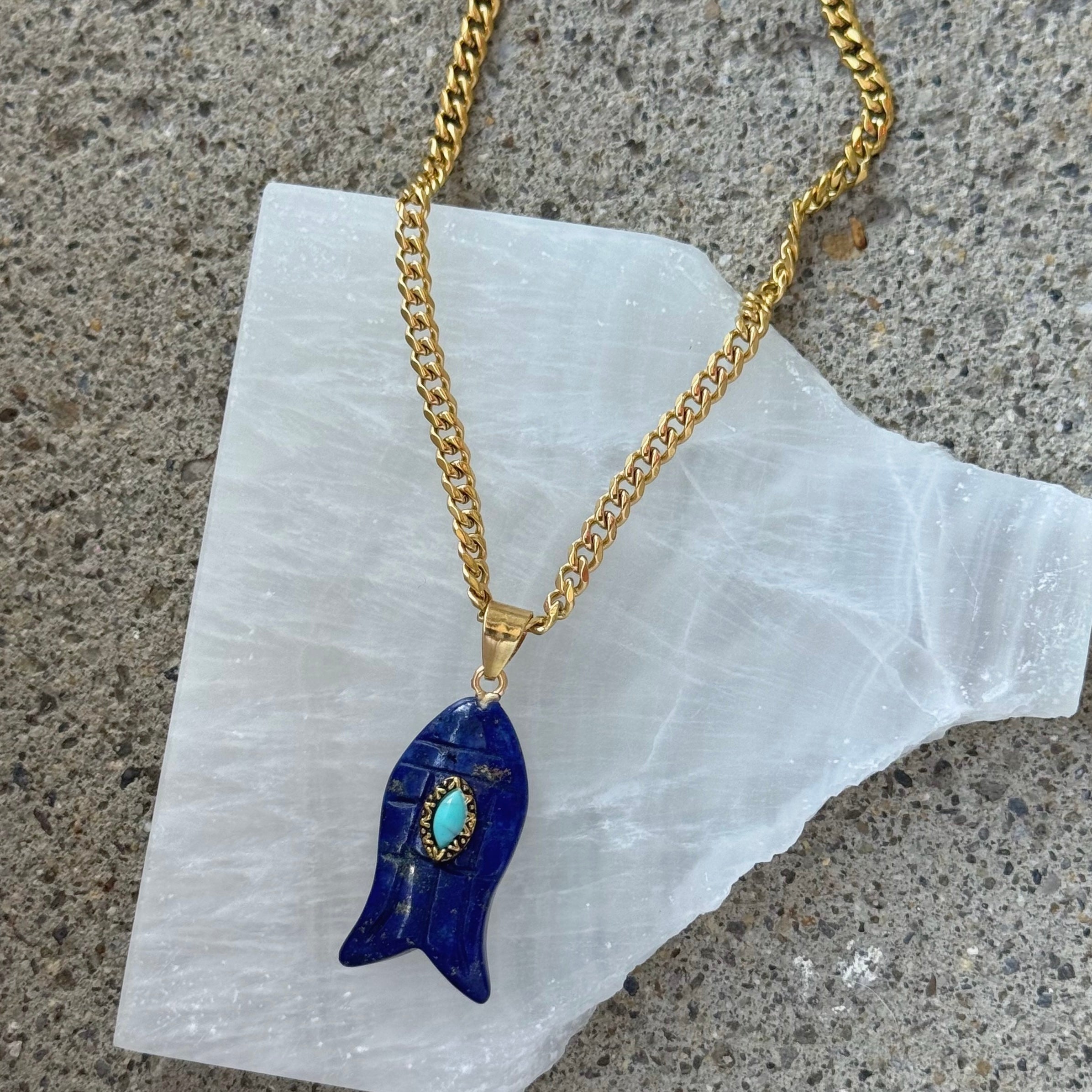 GOLD LAPIS LAZULI FISH necklace