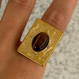 GOLD RECTANGLE TIGERS EYE STEEL ring