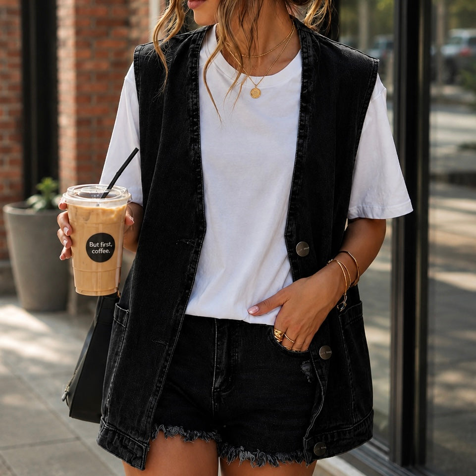 BLACK DENIM BUTTON UP POCKET VEST