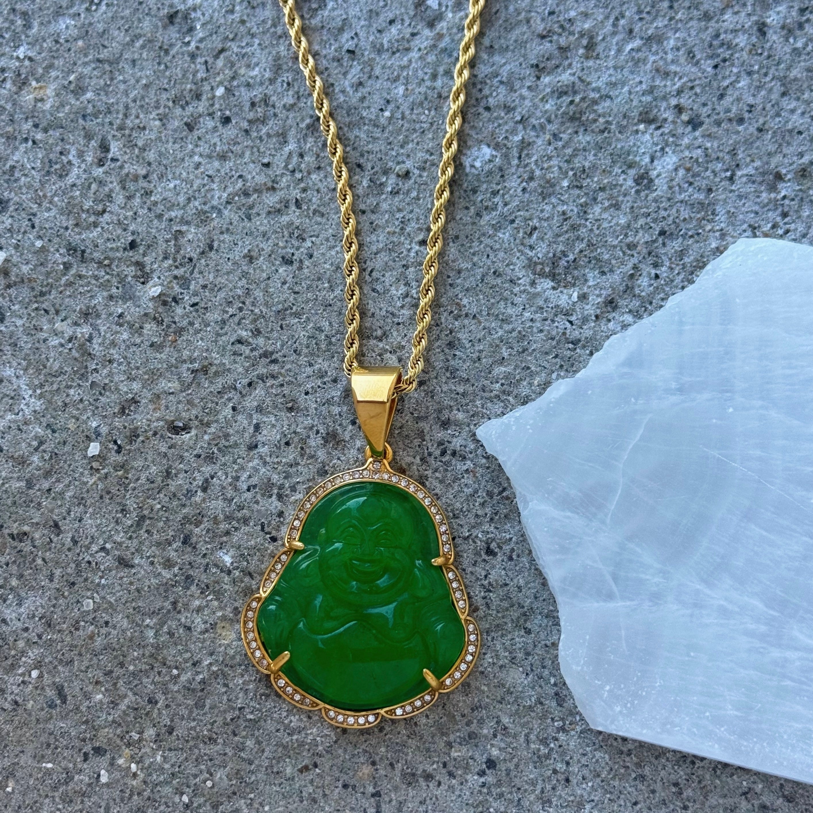 CRYSTAL GREEN BUDDHA XL STEEL necklace