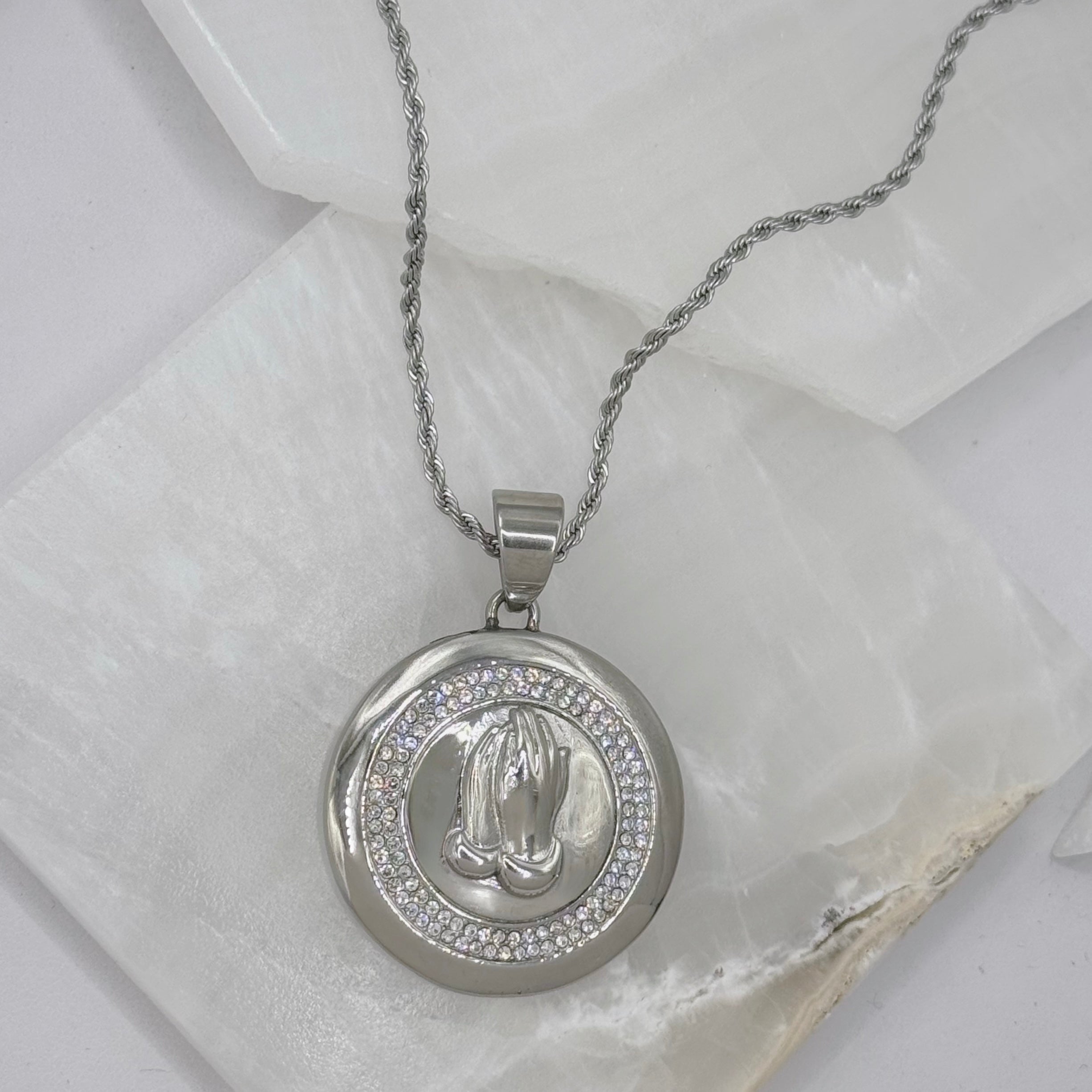 SILVER PRAYING HANDS MEDALLION necklace
