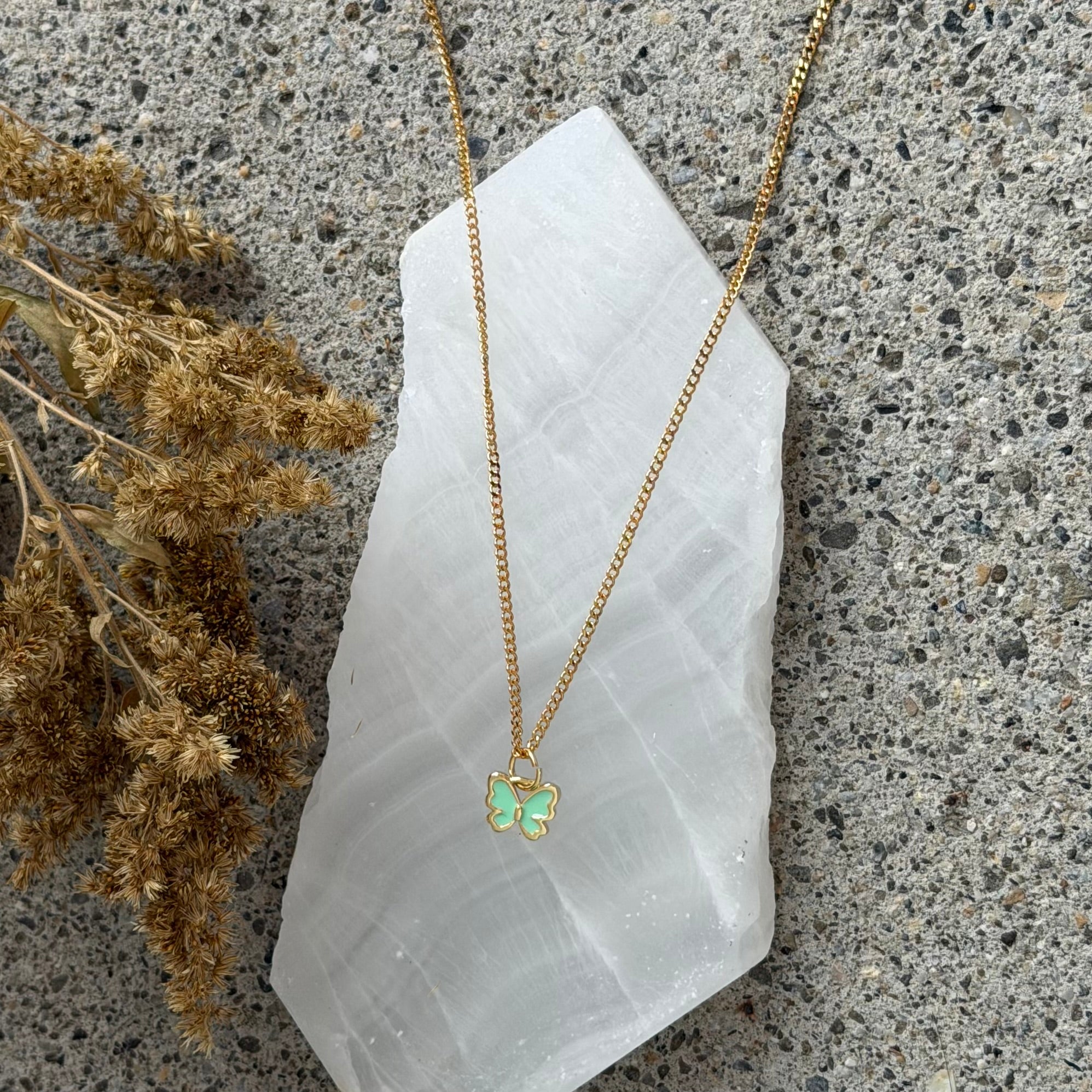 LIME GREEN ENAMEL BUTTERFLY SUPER MINI II necklace