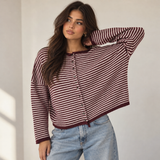 BURGUNDY STRIPED BUTTON UP KNIT caridgan