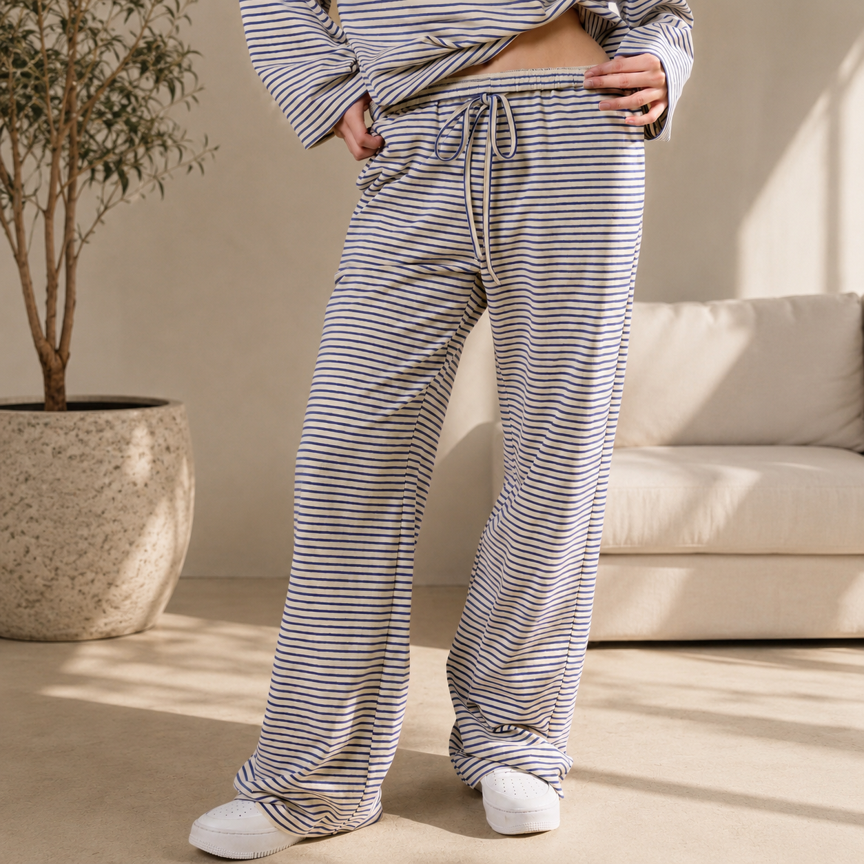 WHITE BLUE STRIPED WIDE LEG pants