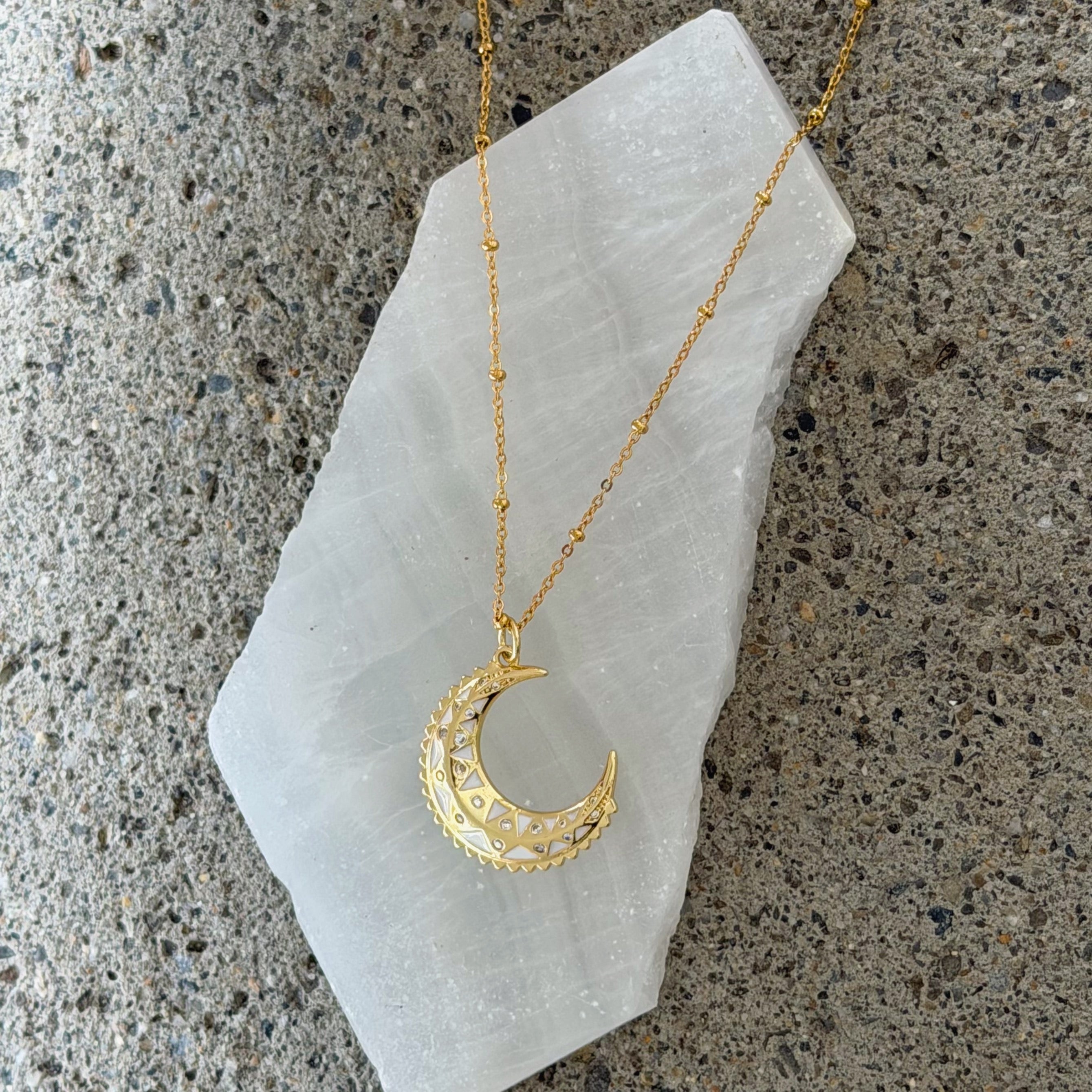 GOLD WHITE ENAMEL MOON necklace