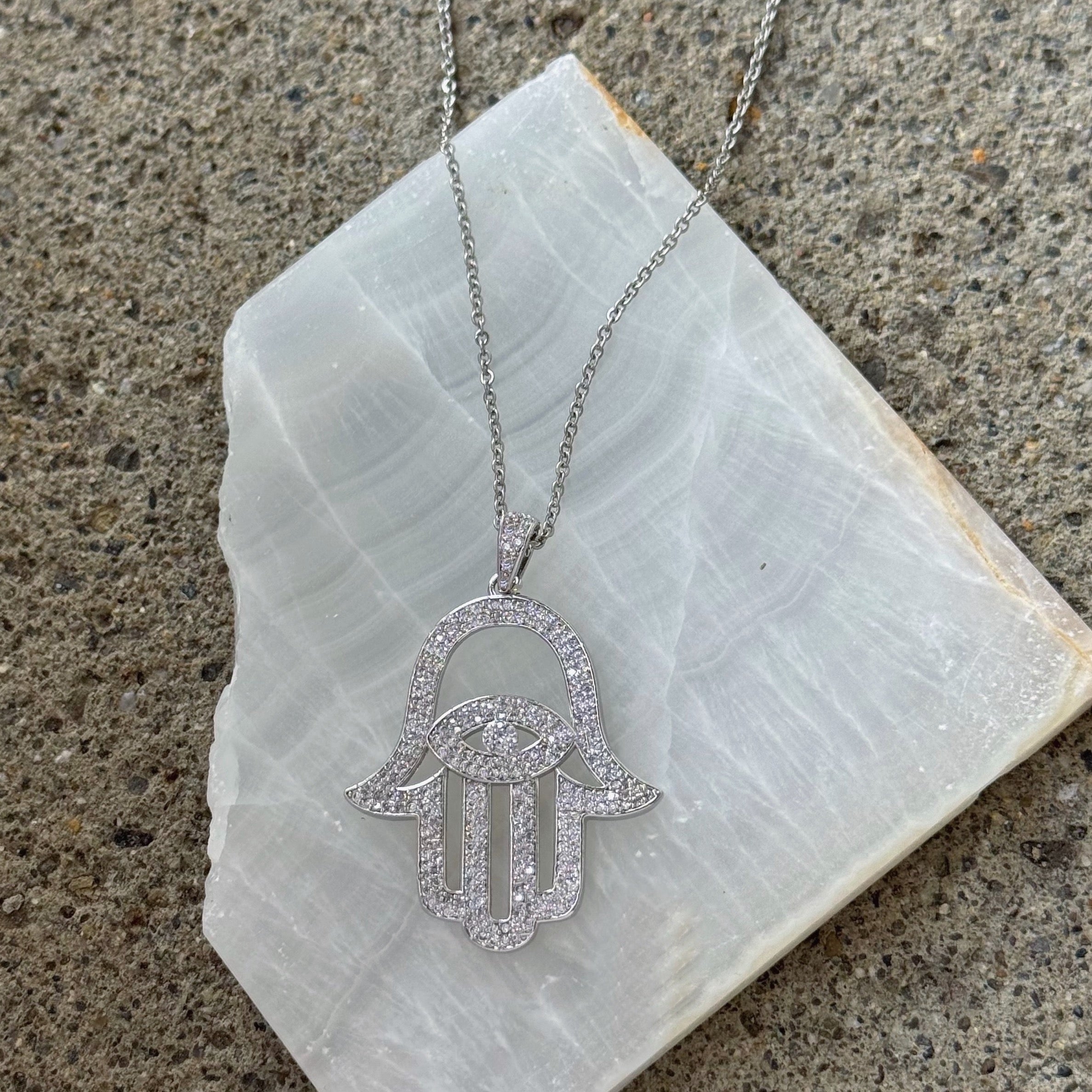LARGE SILVER CRYSTAL HAMSA necklace