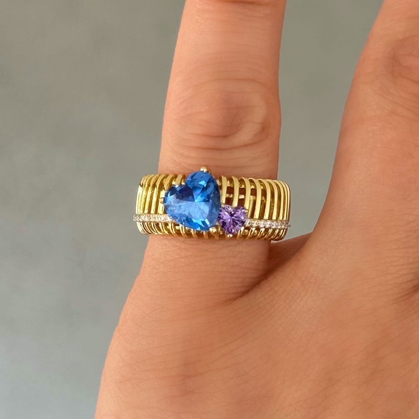 GOLD BLUE TOPAZ & AMETHYST HEART CAGED ring