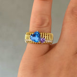 GOLD BLUE TOPAZ & AMETHYST HEART CAGED ring