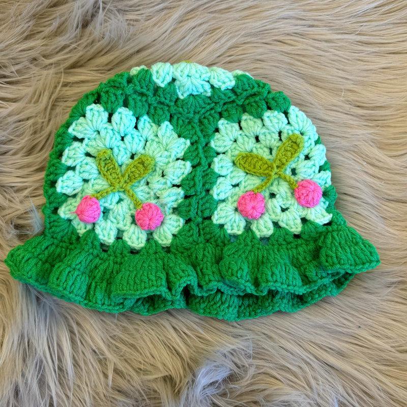 GREEN & PINK CHERRY KNITTED bucket hat