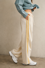 BEIGE YELLOW STRIPED DRAWSTRING WIDE LEG TRACK pants