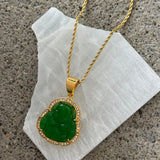 CRYSTAL GREEN BUDDHA GOLD STEEL necklace