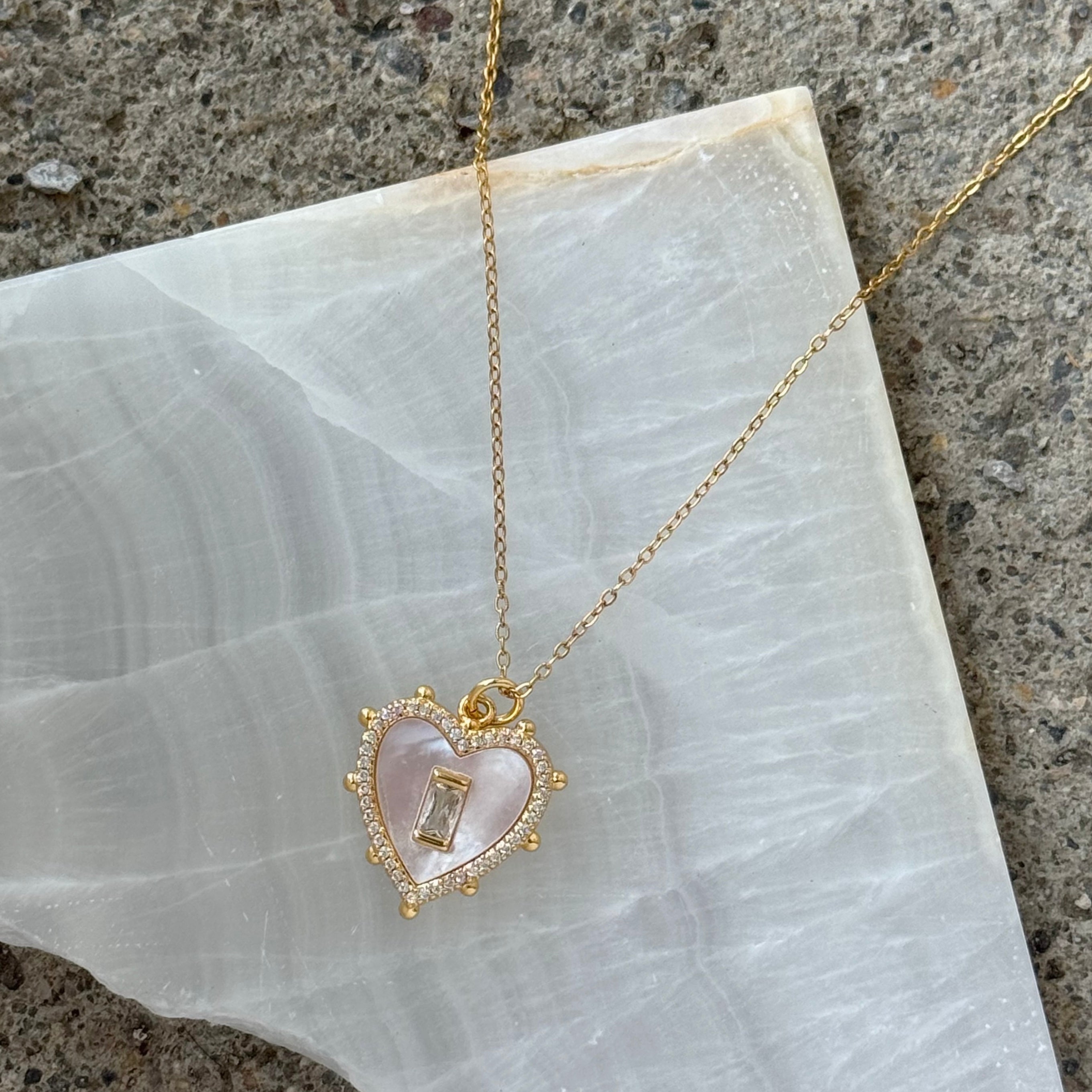 GOLD HEART MOTHER OF PEARL CRYSTAL BAGUETTE necklace