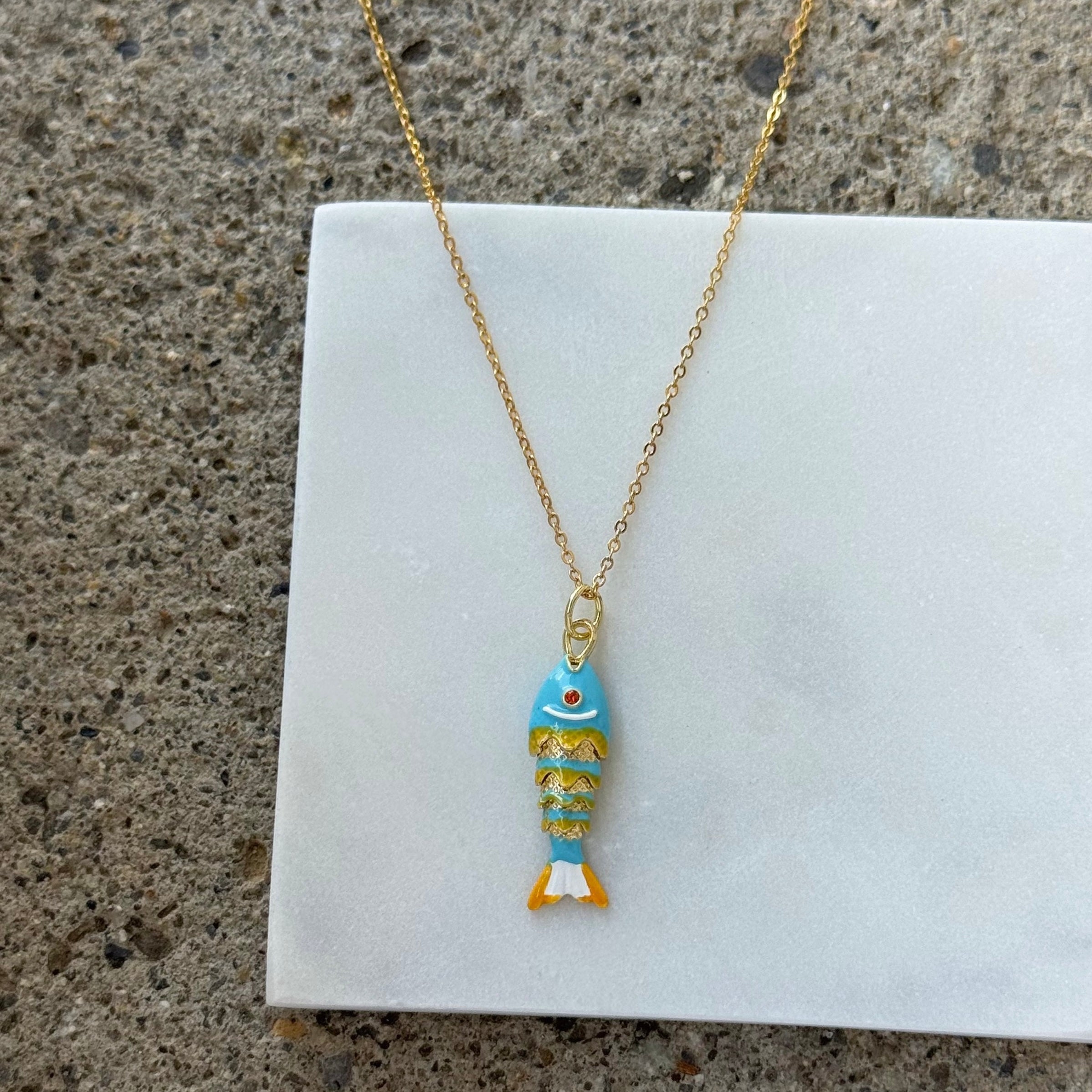 SMALL LIGHT BLUE ENAMEL FISH necklace