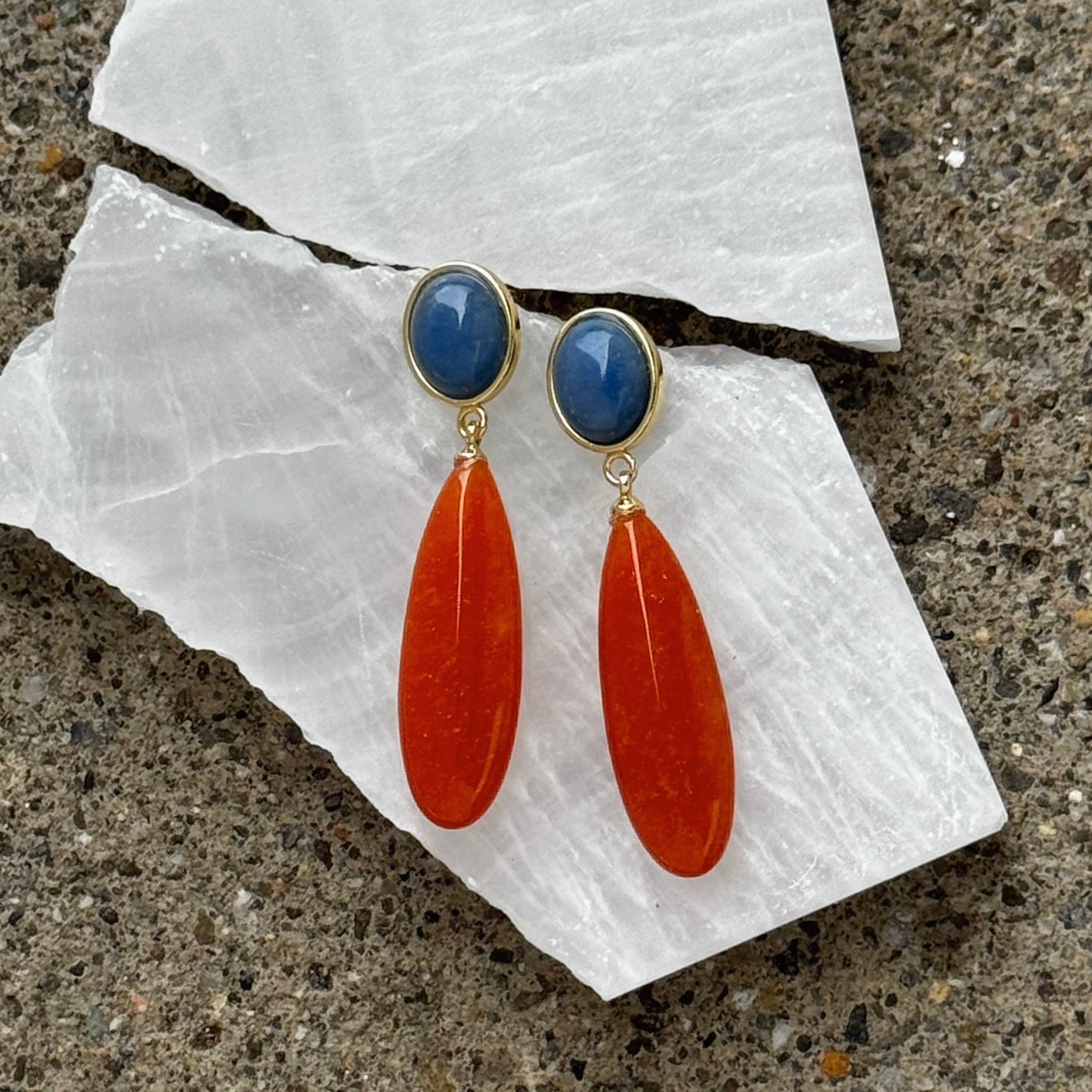 LAPIS AND ORANGE AVENTURINE ELONGATED DANGLE earrings
