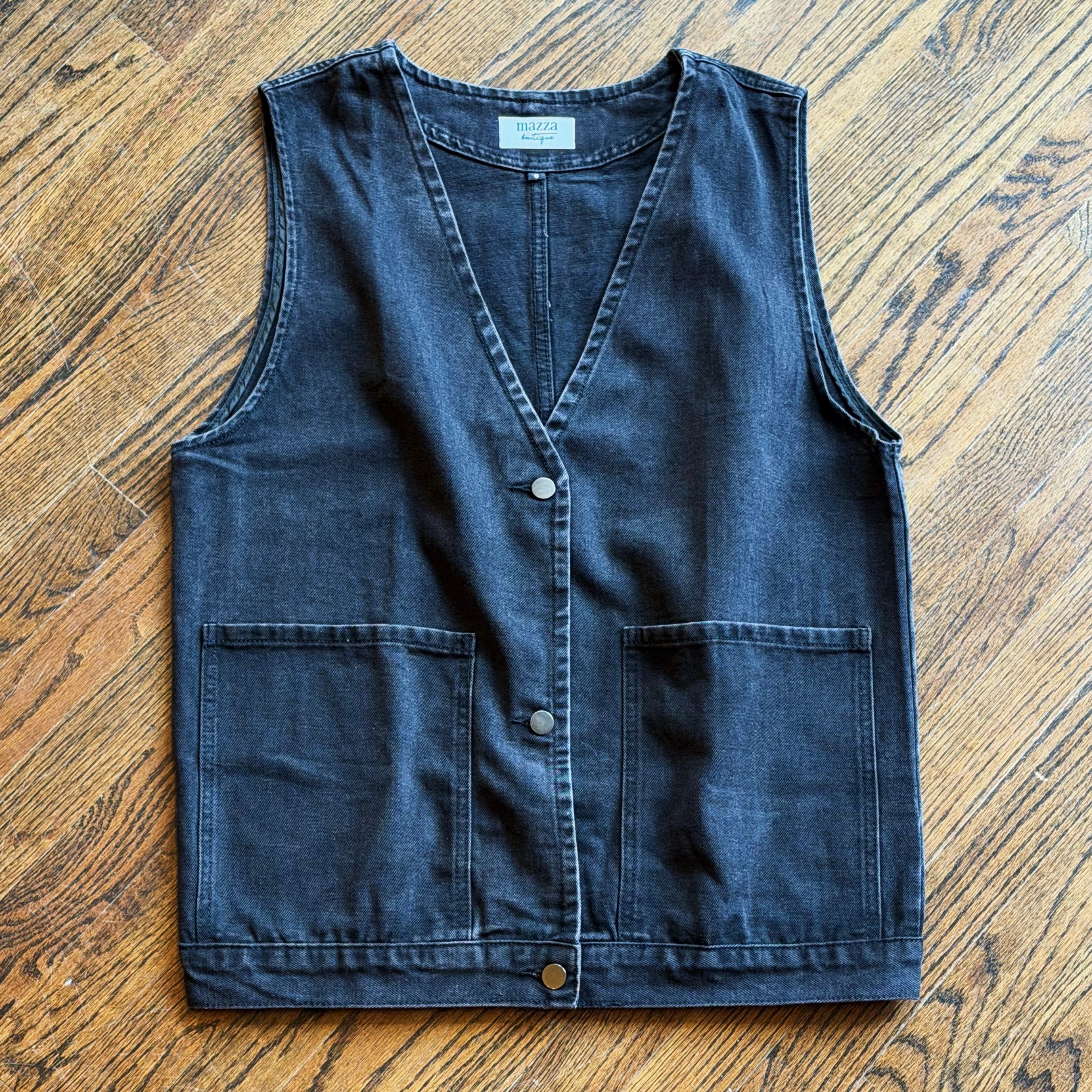 BLACK DENIM BUTTON UP POCKET VEST
