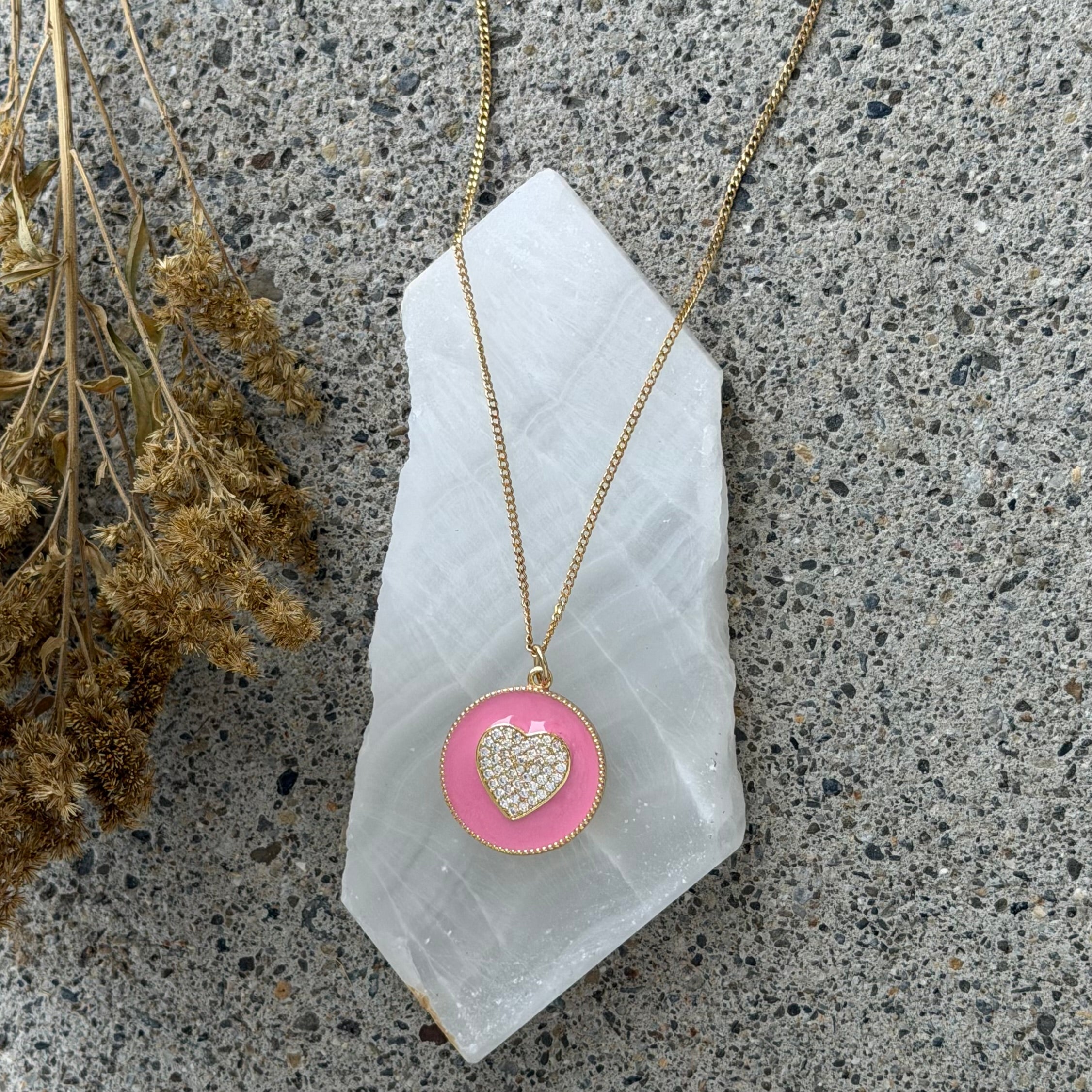PINK ENAMEL CRYSTAL HEART CIRCLE necklace