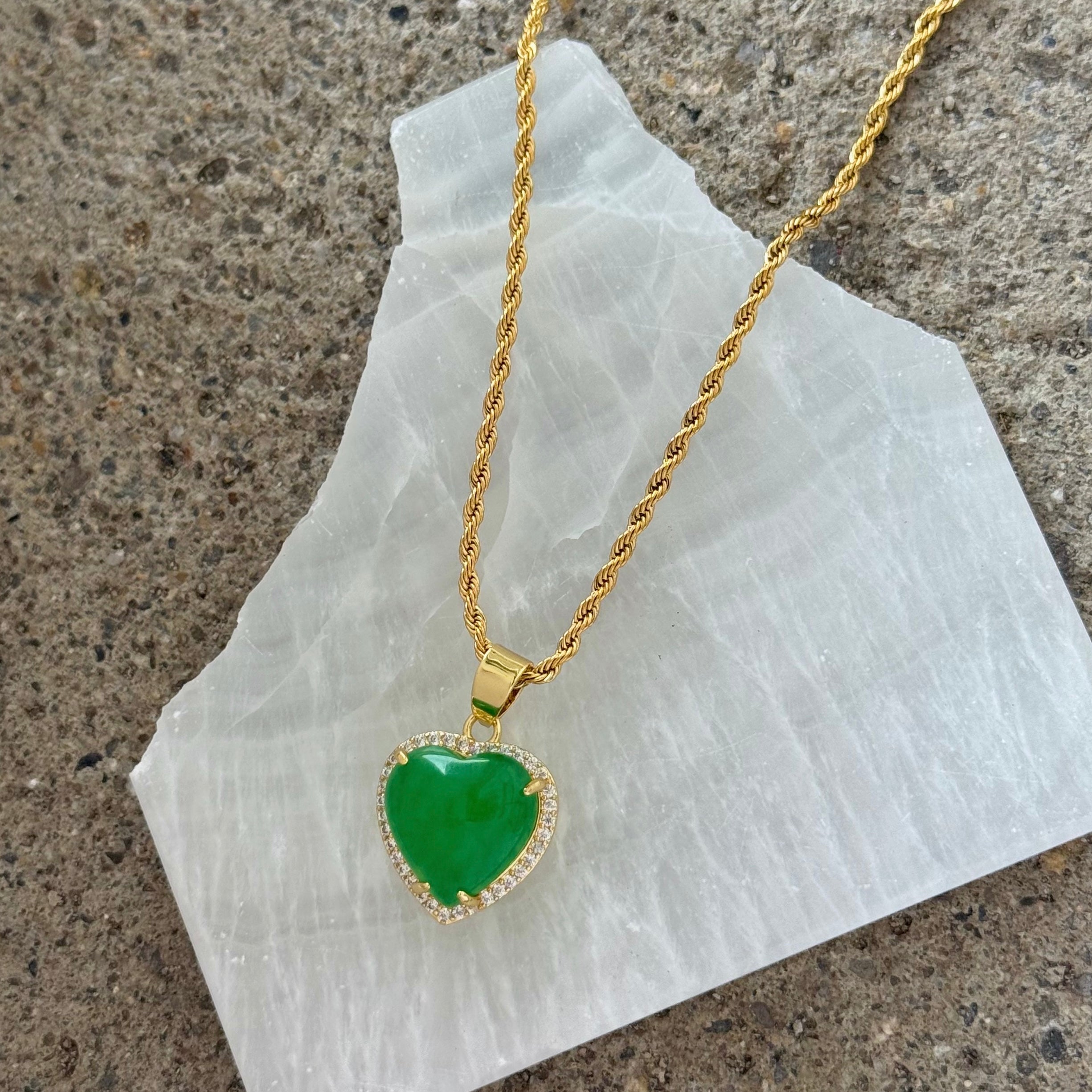 GOLD PAVE CRYSTAL HEART GREEN JADE necklace