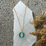 TEAL ENAMEL CRYSTAL HAMSA CIRCLE necklace