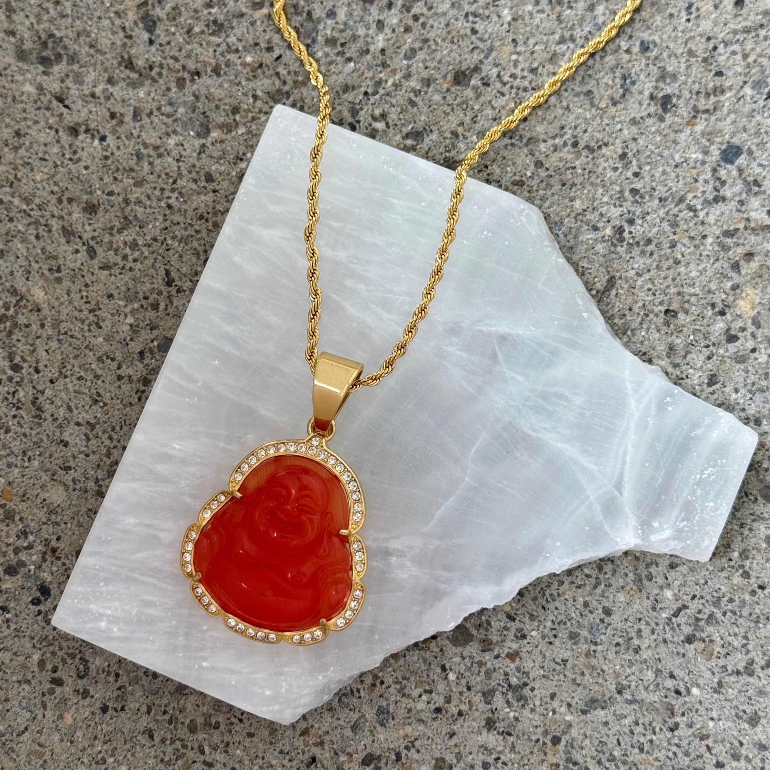 CRYSTAL RED BUDDHA GOLD STEEL necklace