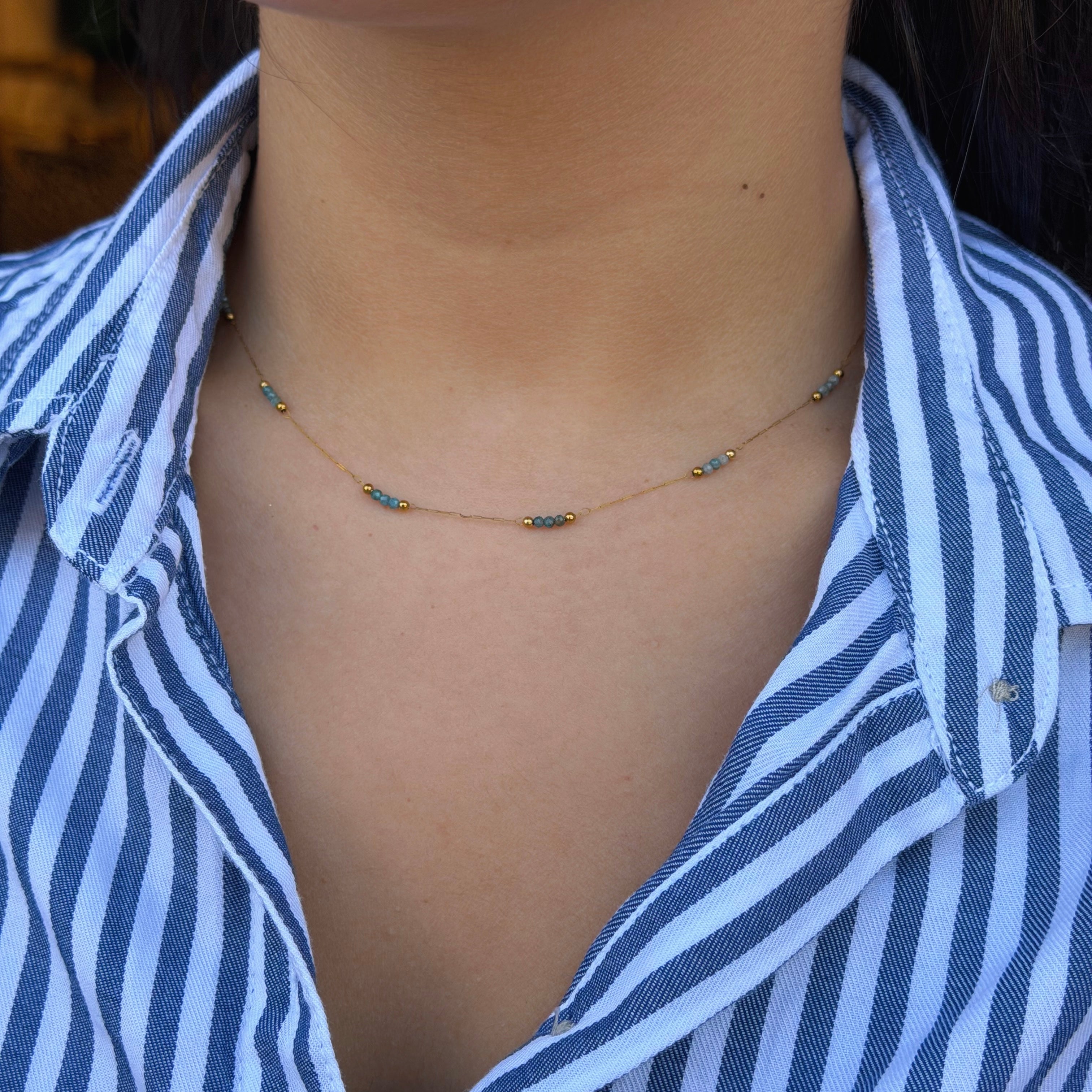 GOLD VINTAGE BLUE APATITE BEADED DAINTY necklace