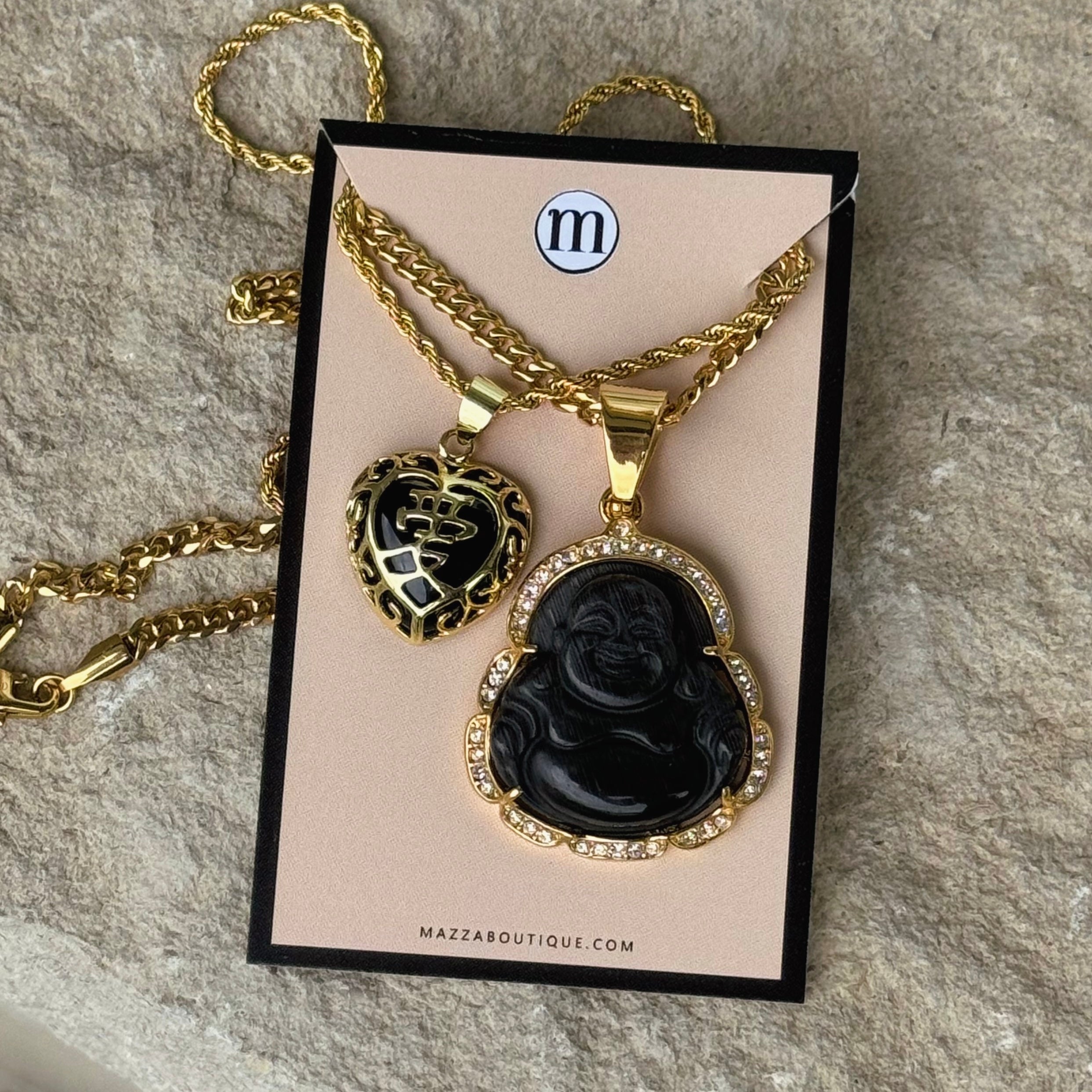 CRYSTAL BLACK BUDDHA & HEART BLACK JADE set