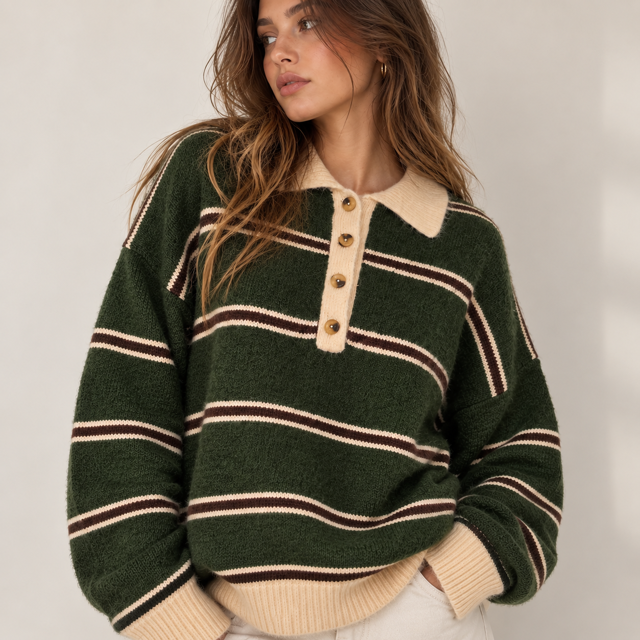 FOREST GREEN STRIPE POLO FUZZY KNIT sweater
