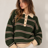 FOREST GREEN STRIPE POLO FUZZY KNIT sweater