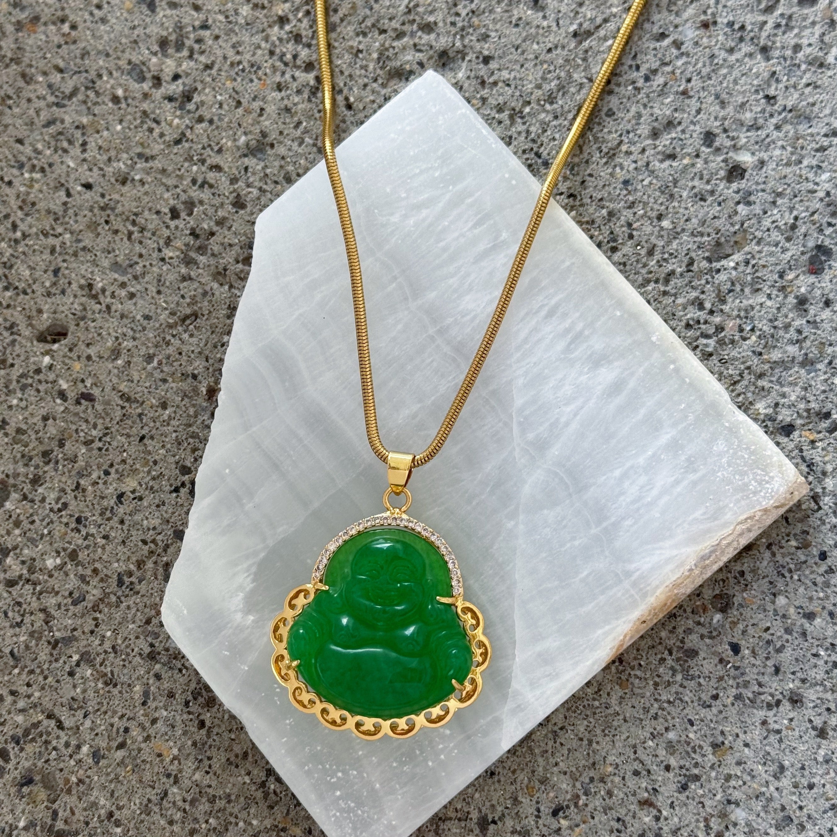 GOLD HAPPY BUDDHA GREEN JADE necklace