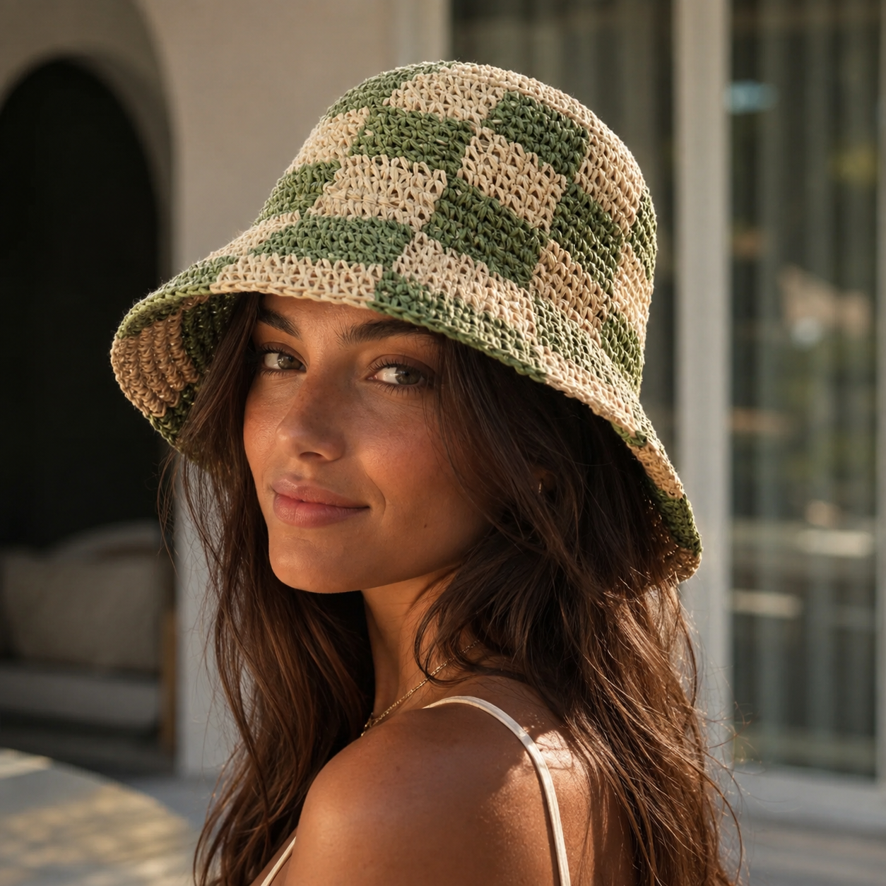 GREEN CHECKERED STRAW BUCKET hat