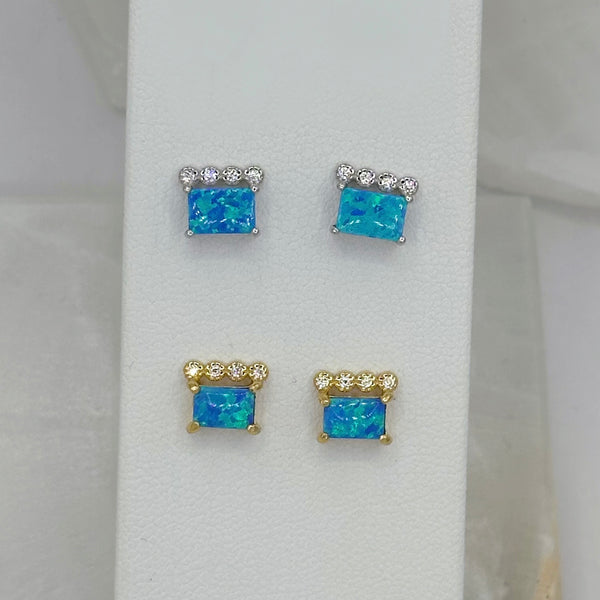 FIRE BLUE OPAL PRINCESS CUT STUD earrings