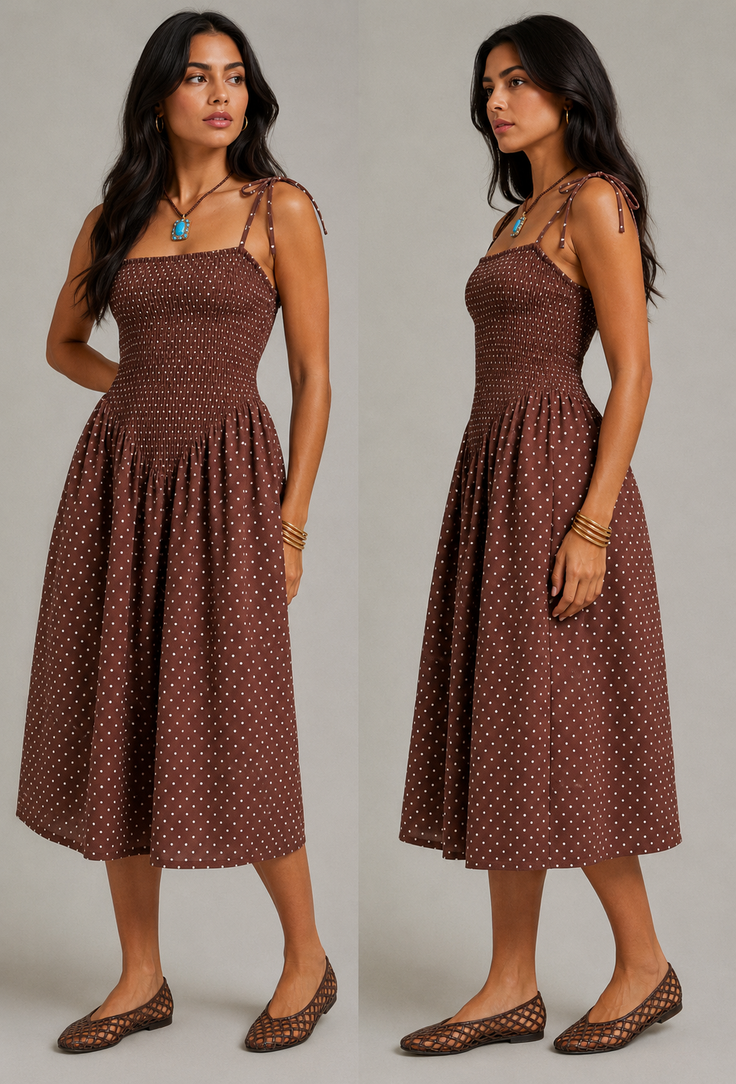 SIENNA BROWN POLKA DOT SMOCK MIDI dress