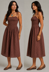 SIENNA BROWN POLKA DOT SMOCK MIDI dress