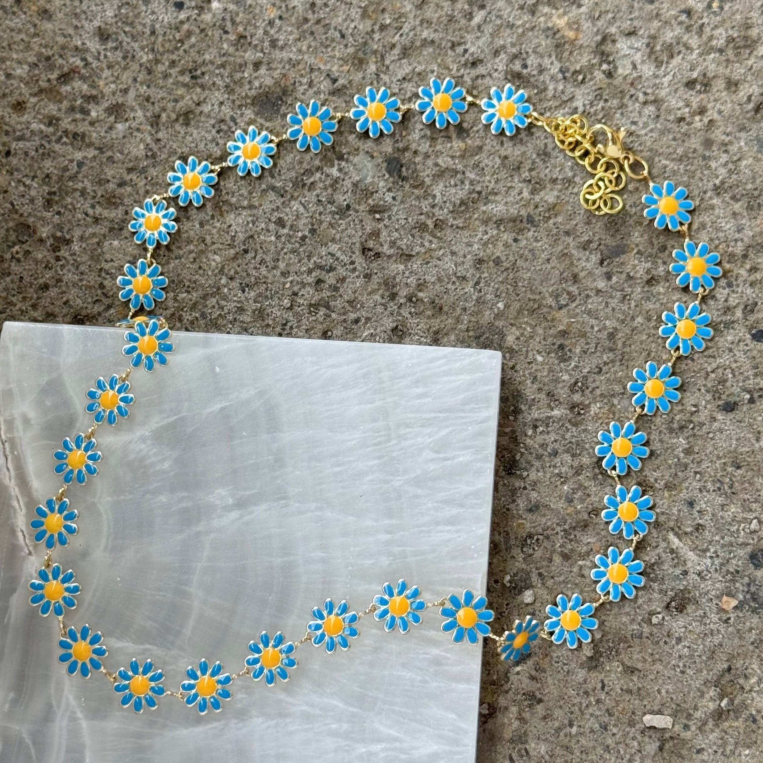 GOLD BLUE ENAMEL FLOWER necklace