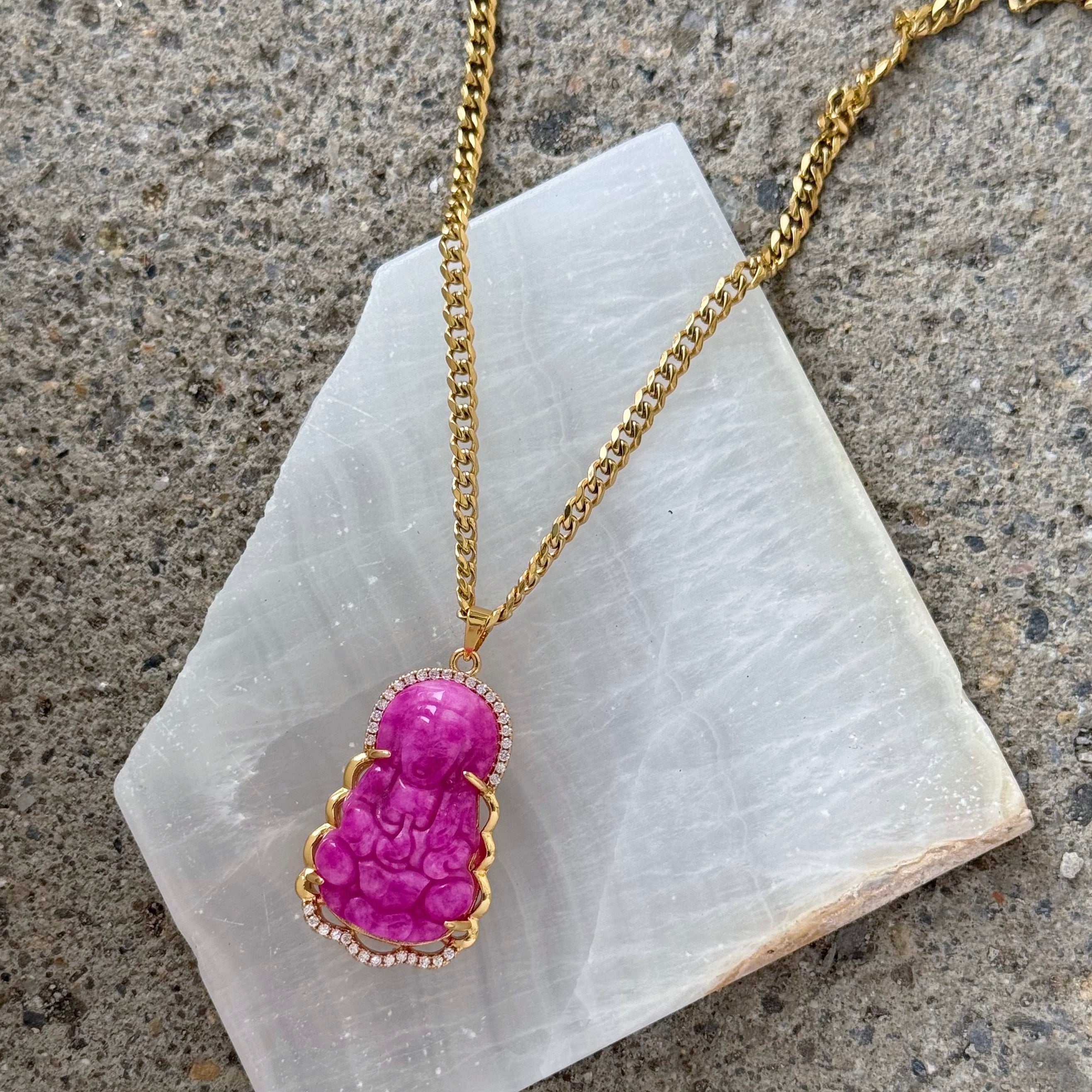 CRYSTAL KWAN YIN FUCHSIA JADE necklace