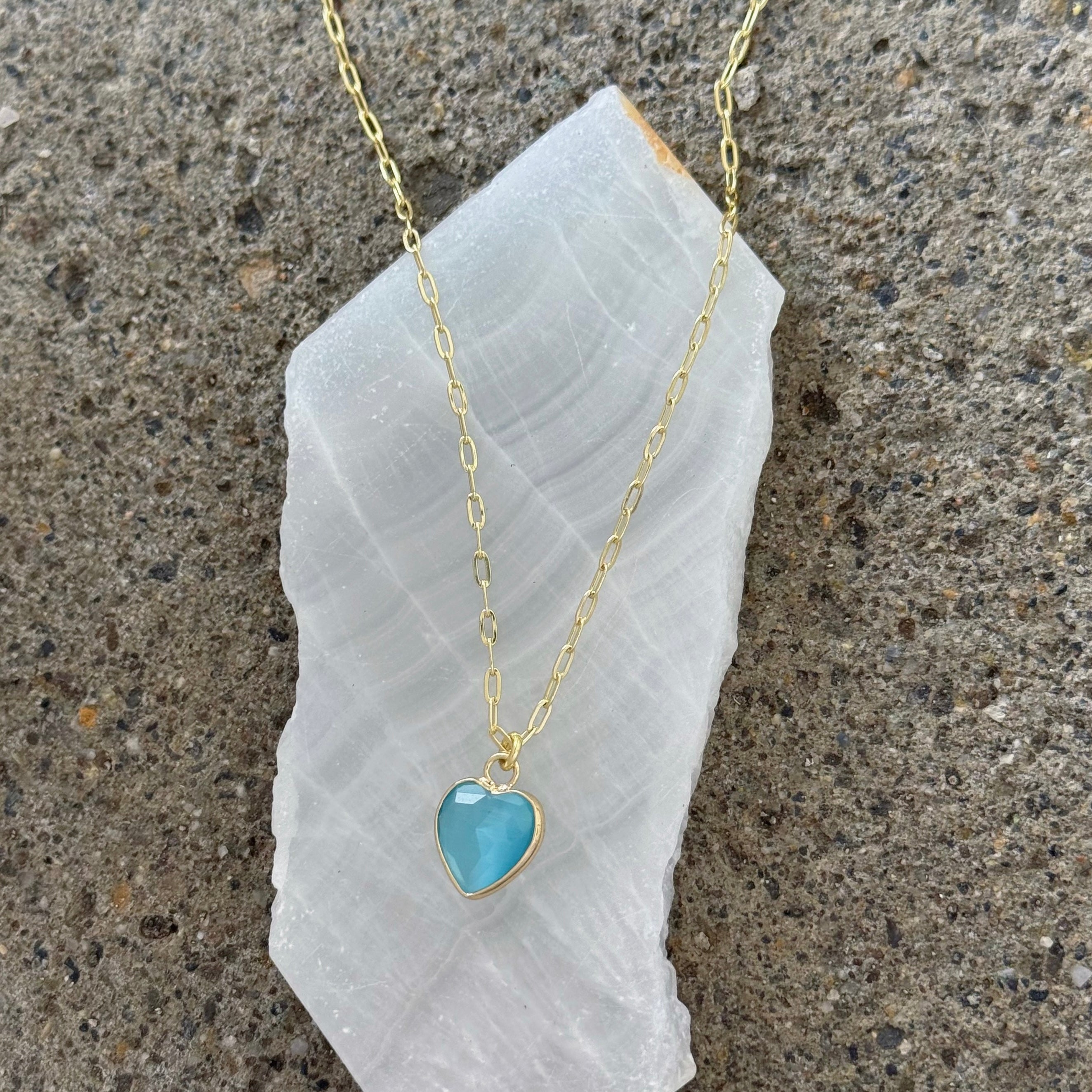 GOLD AQUAMARINE HEART PAPERCLIP necklace