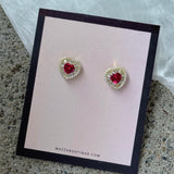 GOLD CRYSTAL HEART PINK SAPPHIRE STUD earrings