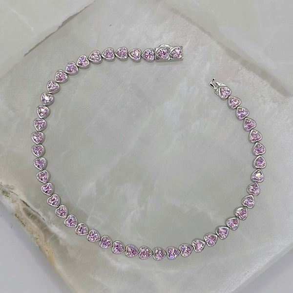 SILVER PINK BEZEL HEART TENNIS bracelet