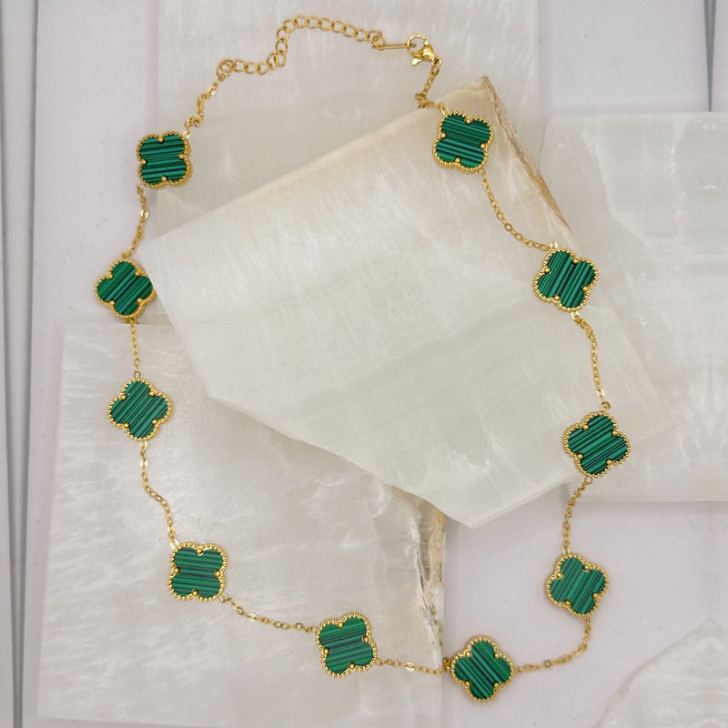 MALACHITE CLOVER GOLD STEEL necklace