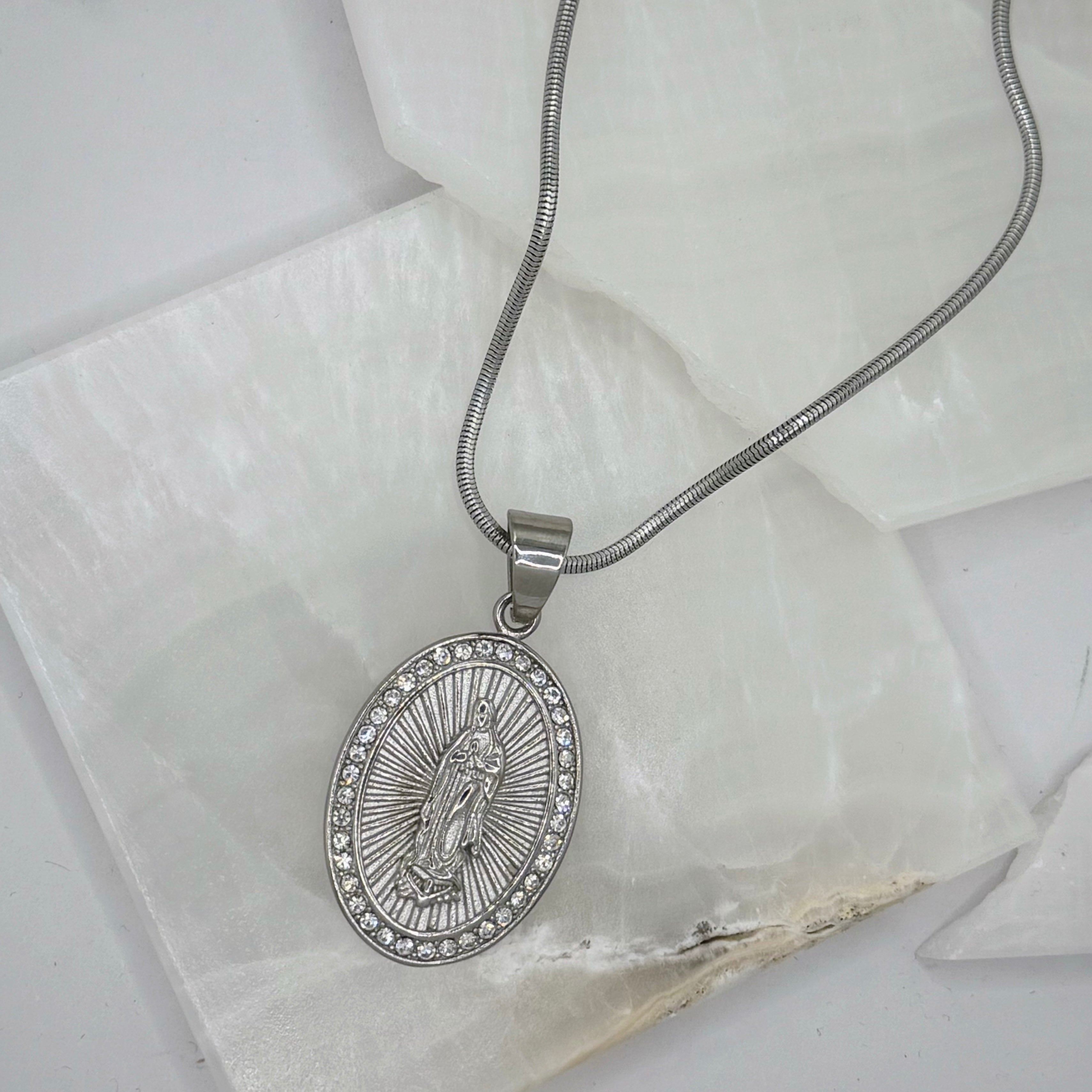 SILVER CRYSTAL BLESSED MOTHER necklace
