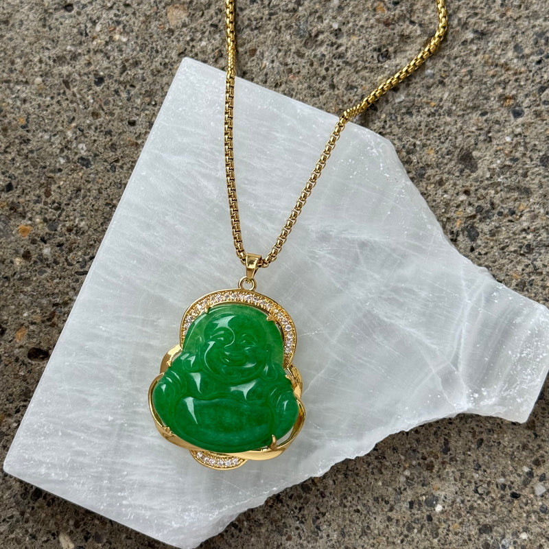 GOLD JOYOUS BUDDHA GREEN JADE necklace