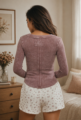 MAROON WASHED FITTED RIBBED LONG SLEEVE HENLEY top