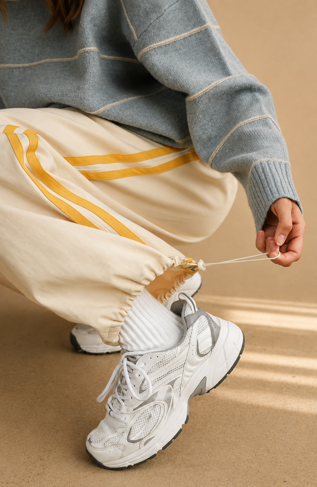 BEIGE YELLOW STRIPED DRAWSTRING WIDE LEG TRACK pants