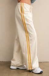 BEIGE YELLOW STRIPED DRAWSTRING WIDE LEG TRACK pants