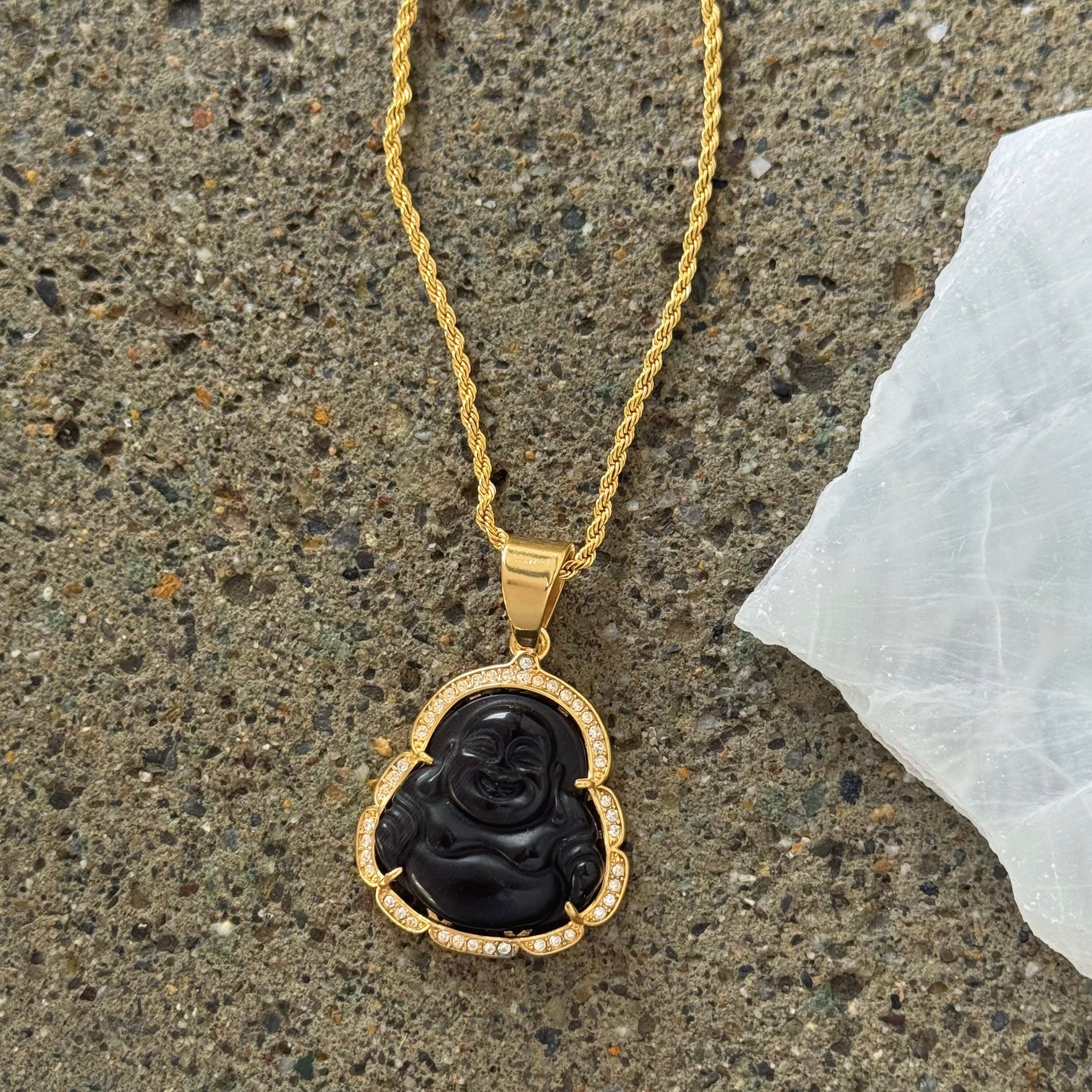 CRYSTAL BLACK BUDDHA GOLD STEEL necklace