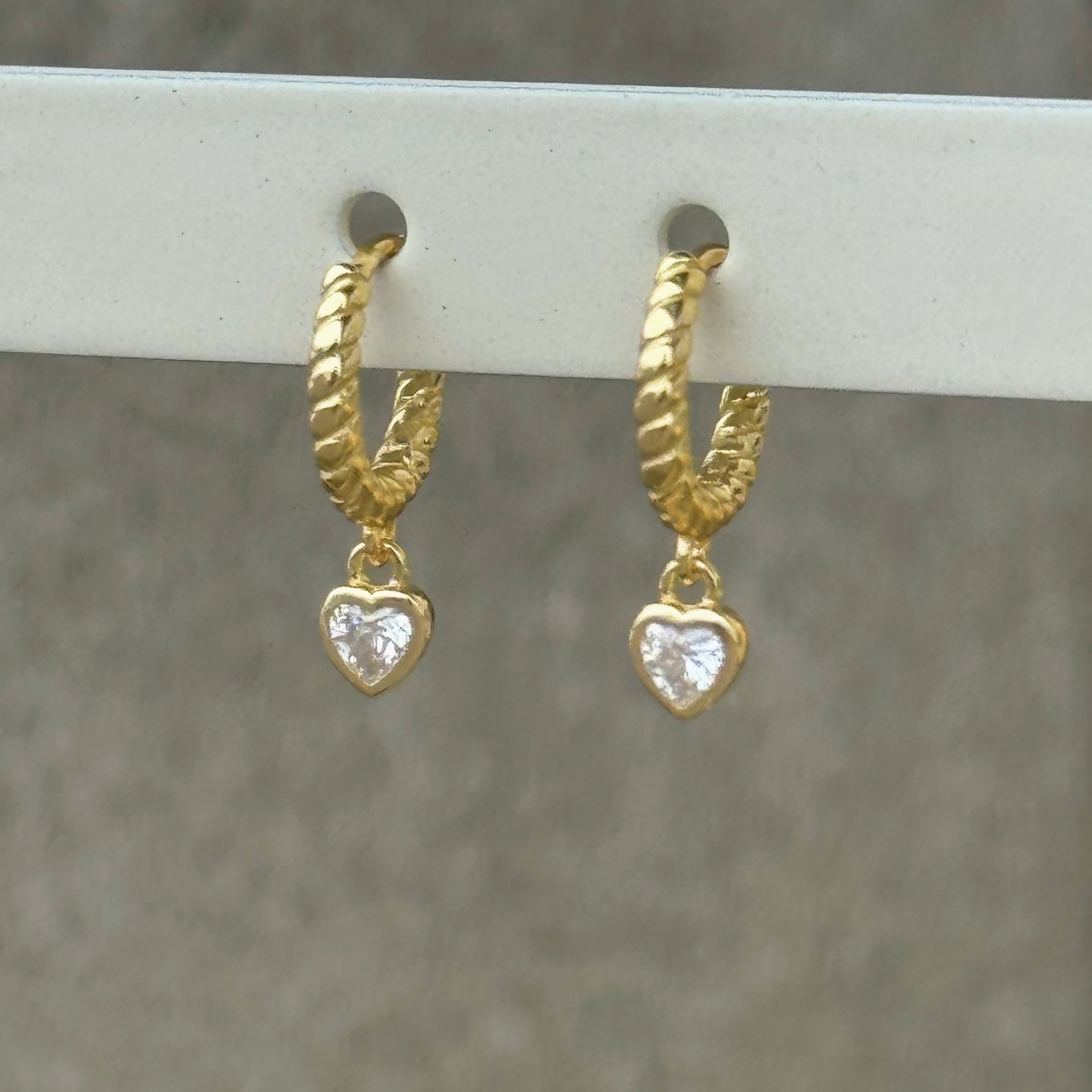 GOLD HEART ROPE DANGLE HUGGIE earrings