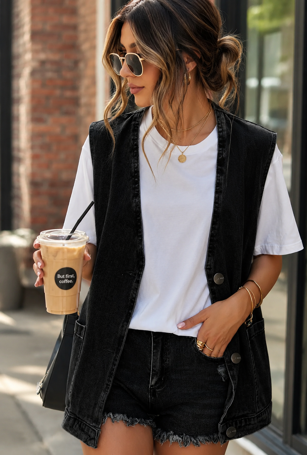 BLACK DENIM BUTTON UP POCKET VEST