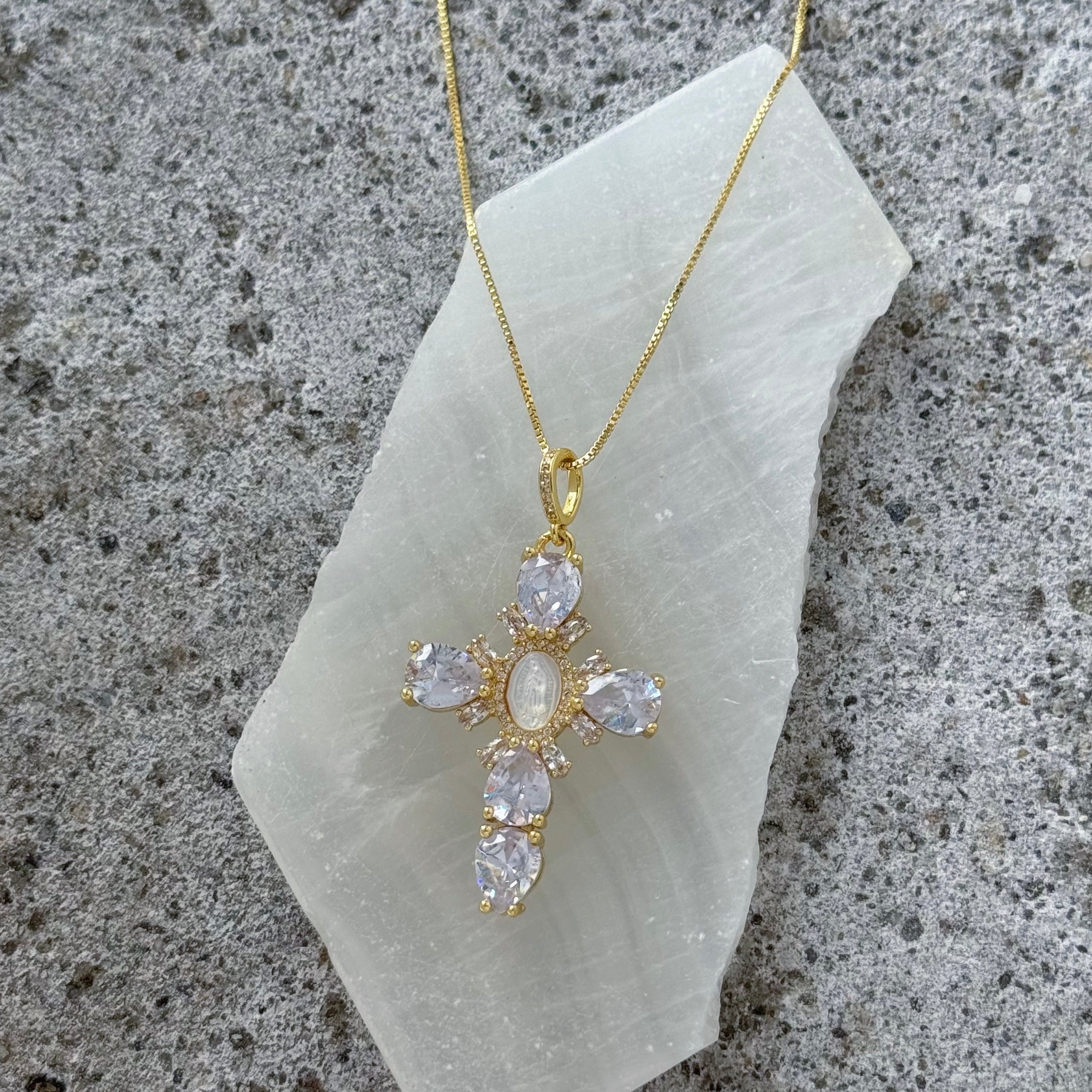 GOLD BLESSED MOTHER CRYSTAL CROSS necklace