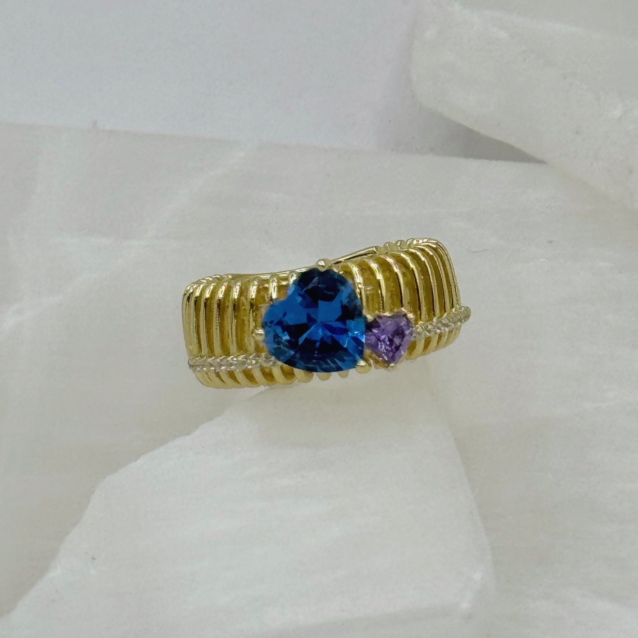 GOLD BLUE TOPAZ & AMETHYST HEART CAGED ring