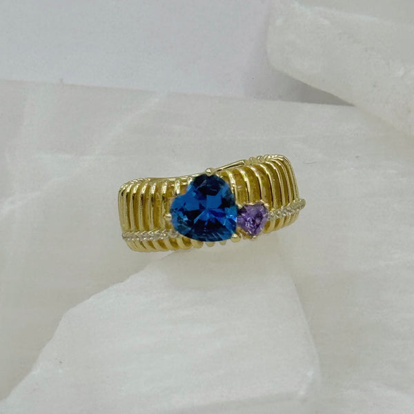 GOLD BLUE & AMETHYST HEART CAGED ring